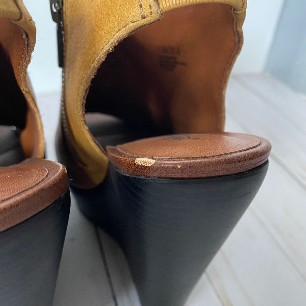 Lucky Brand Two-Tone Brown and Mustard Wedge Sandals - Picture 6 of 9